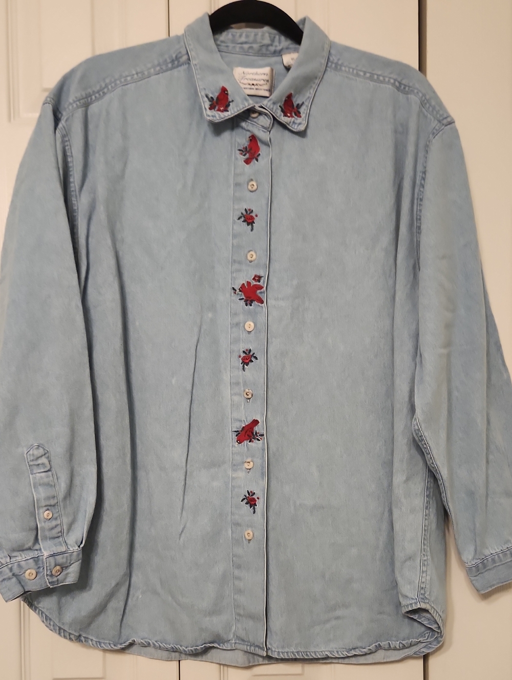 Vintage Cardinal And Floral Light Blue Embroidered Denim Button Down